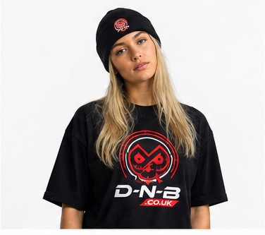 Black D-N-B tee and beanie